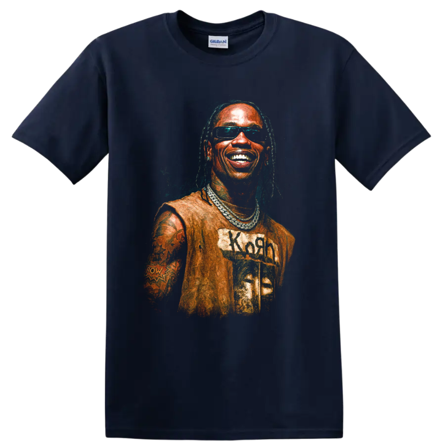 Stylized Travis Scott portrait with sunglasses and layered chains on a Navy (Blue) T Shirt