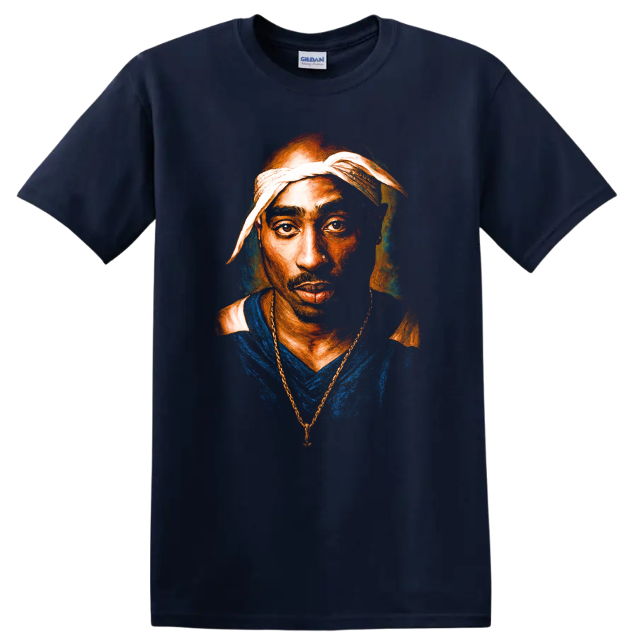 Tupac Shakur portrait artwork in bold painterly hip-hop style on a Navy (Blue) T Shirt
