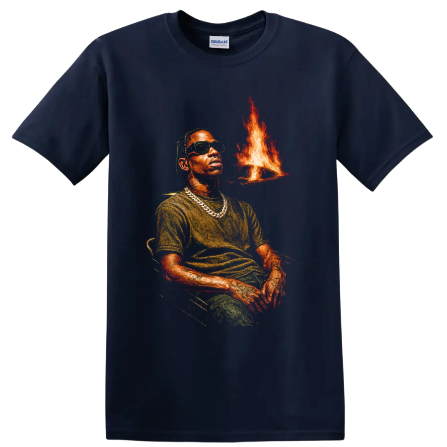 Travis Scott Utopia portrait graphic with sunglasses, chains, and flames on a Navy (Blue) T Shirt