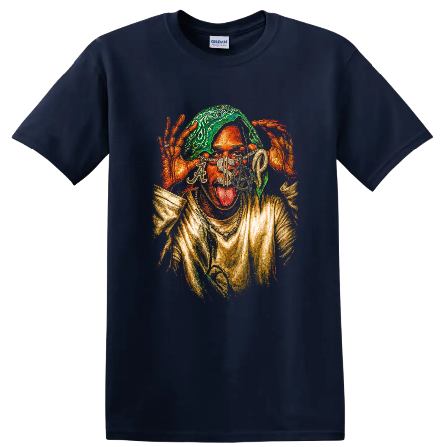 A$AP Rocky A$AP Mob psychedelic hip-hop portrait graphic on a Navy (Blue) T Shirt