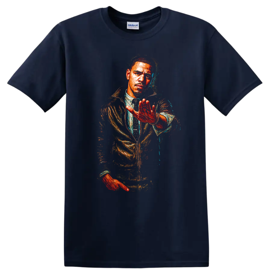 Common portrait in vivid distressed hip-hop graphic art on a Navy (Blue) T Shirt