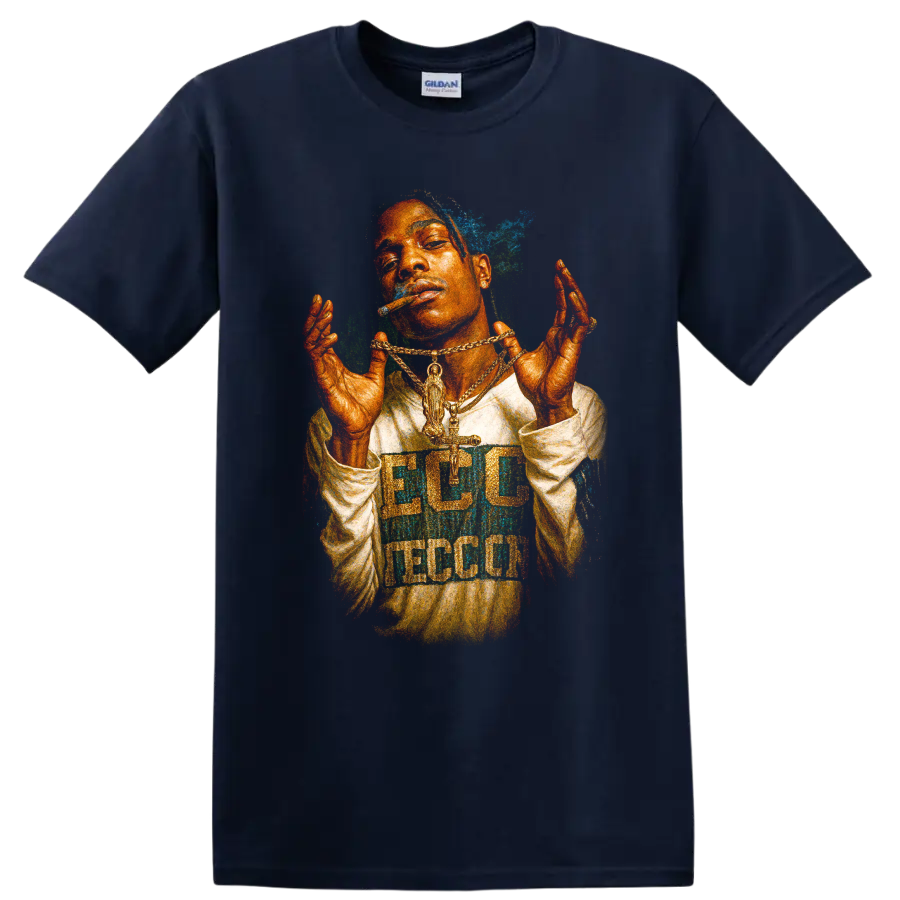 DaBaby colorful hip-hop fan art portrait with layered gold chains on a Navy (Blue) T Shirt