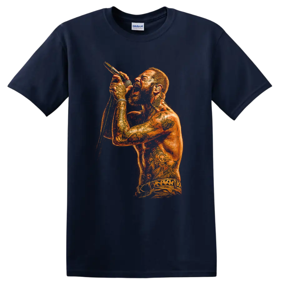 Post Malone live performance portrait with microphone in fiery orange art on a Navy (Blue) T Shirt