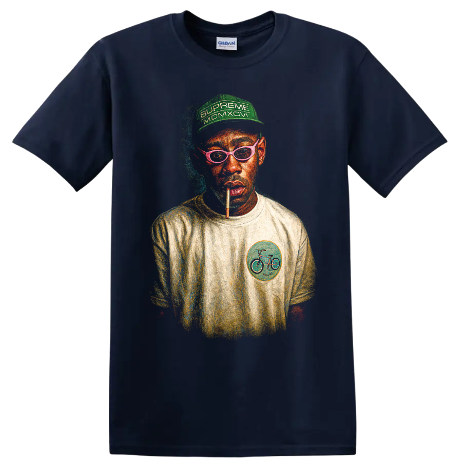 Tyler, the Creator stylized portrait with green cap and pink glasses on a Navy (Blue) T Shirt