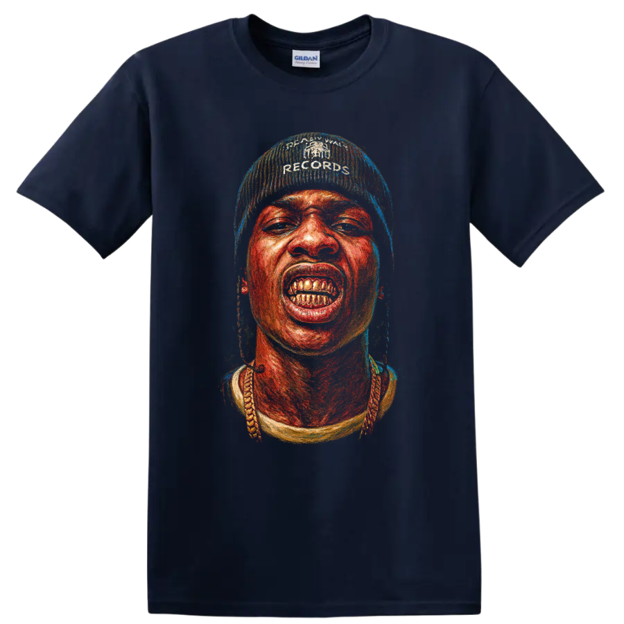 Travis Scott portrait graphic with gritty red and blue hip-hop artwork on a Navy (Blue) T Shirt