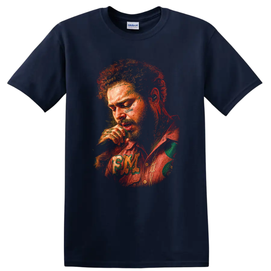 Boko Yout expressive red and green post-punk portrait graphic on a Navy (Blue) T Shirt
