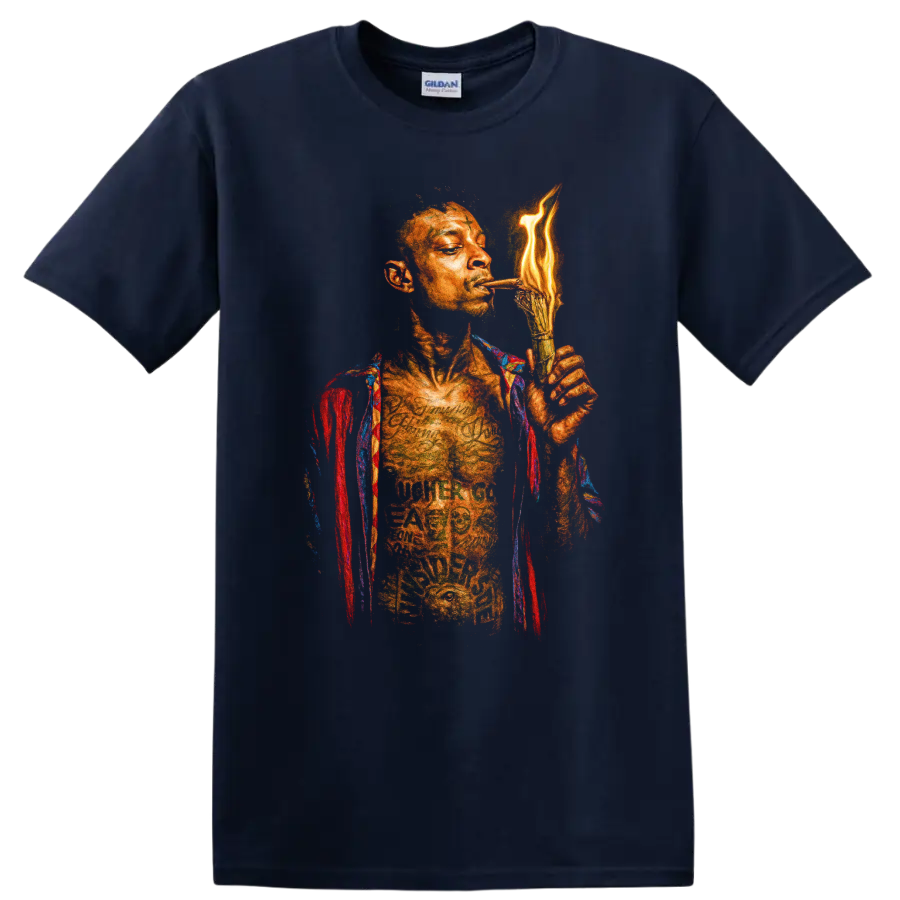 DaBaby hip-hop portrait with flame-inspired torch graphic on a Navy (Blue) T Shirt