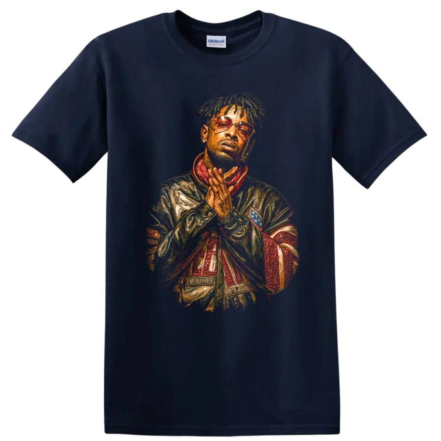 21 Savage stylized hip-hop portrait with tinted glasses and bold painted texture on a Navy (Blue) T Shirt