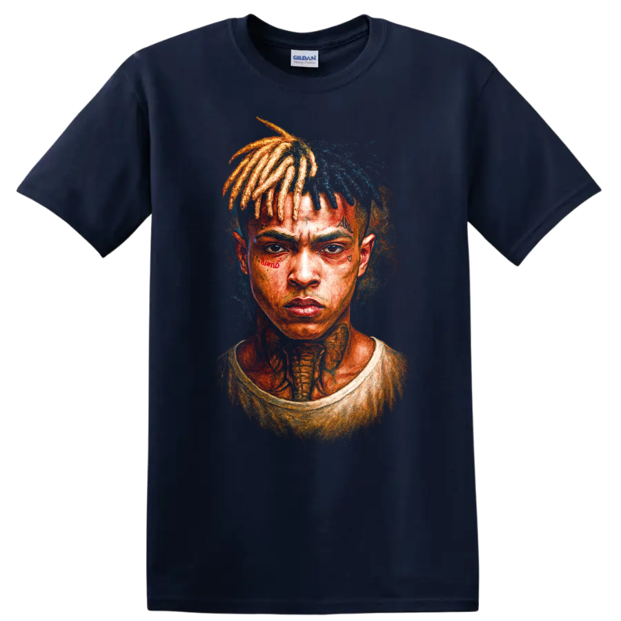 XXXTentacion portrait fan sketch with colorful dreadlocks on a Navy (Blue) T Shirt
