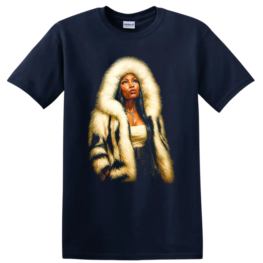 Nicki Minaj-inspired hip-hop portrait with dramatic fur hood on a Navy (Blue) T Shirt