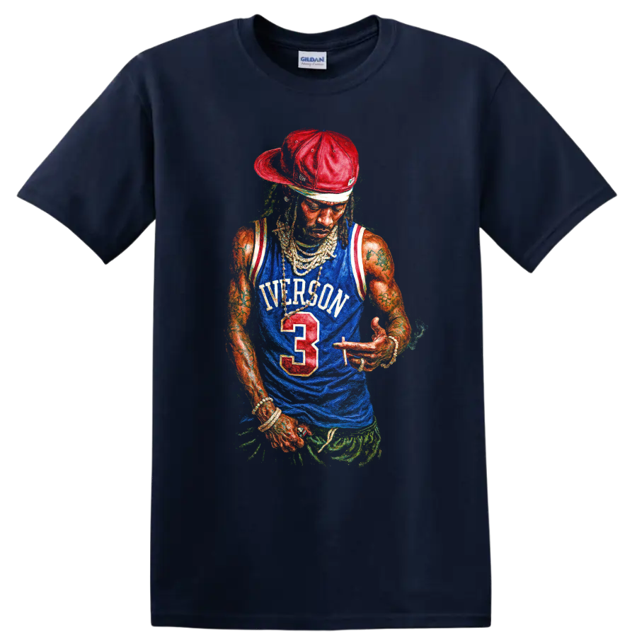 Playboi Carti Allen Iverson basketball jersey graphic print on a Navy (Blue) T Shirt