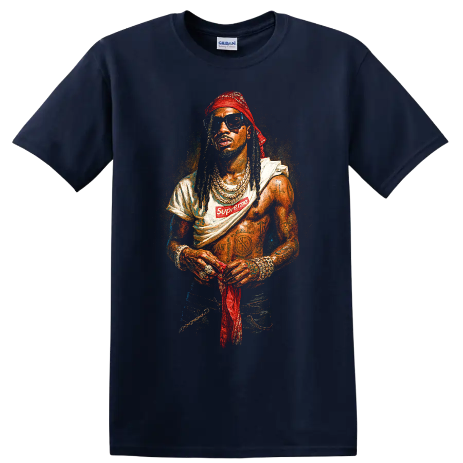 Playboi Carti portrait with red headwear, jewelry, sunglasses, and Supreme logo on a Navy (Blue) T Shirt