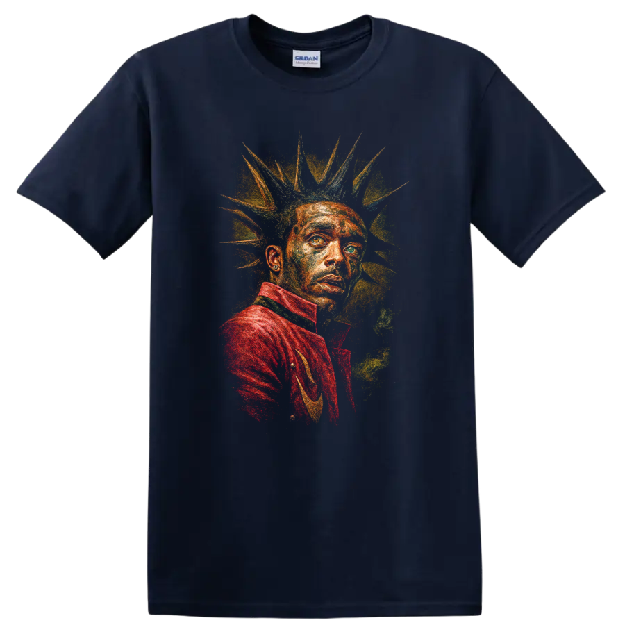 Mikhail Gorshenev punk rock portrait with spiked hair and vivid colors on a Navy (Blue) T Shirt