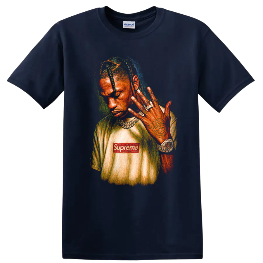 Travis Scott pop-art portrait with Supreme logo and colorful graphic style on a Navy (Blue) T Shirt