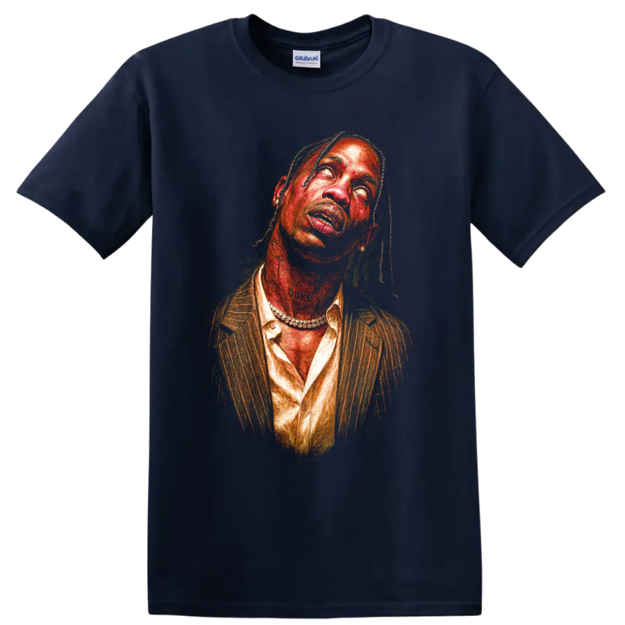 Travis Scott abstract portrait graphic art on a Navy (Blue) T Shirt