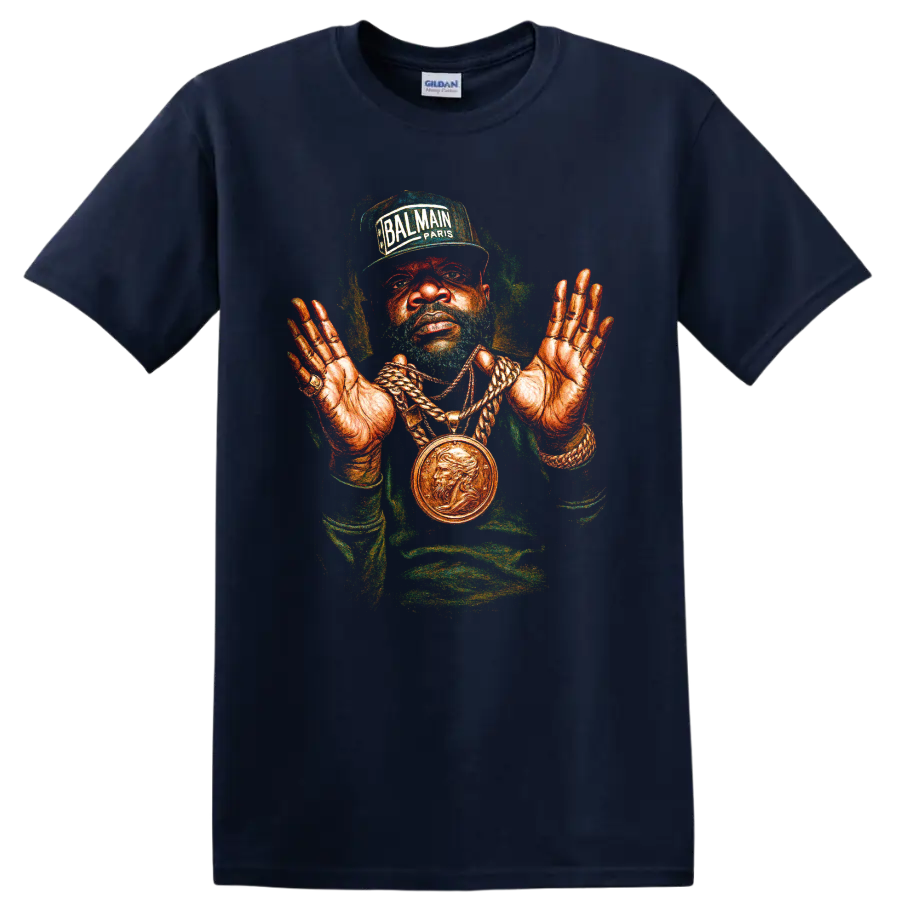 Rick Ross hip-hop portrait with Balmain Paris cap and gold chain artwork on a Navy (Blue) T Shirt