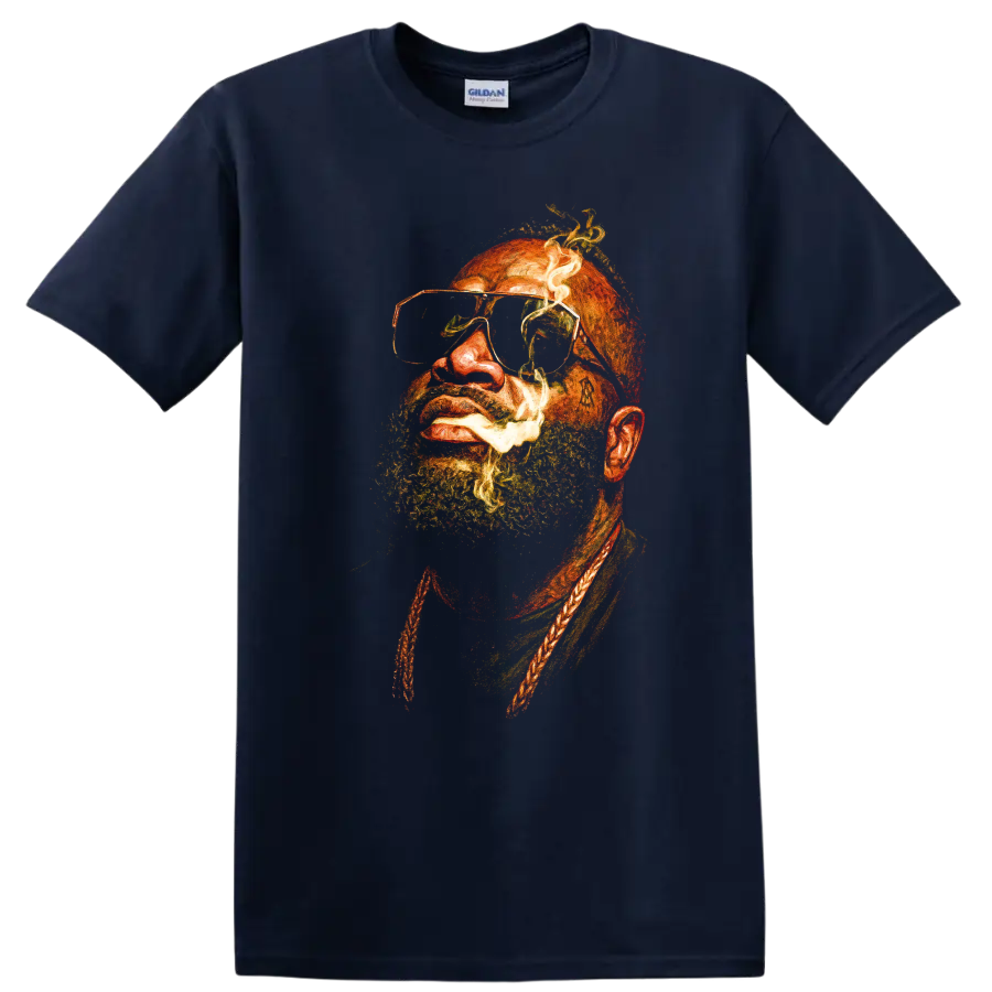 Rick Ross portrait artwork with beard and tinted glasses on a Navy (Blue) T Shirt