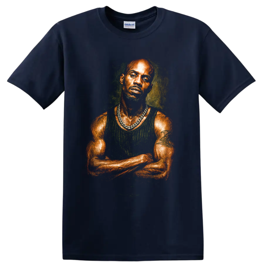DMX pastel-style hip-hop portrait drawing with vivid colors on a Navy (Blue) T Shirt