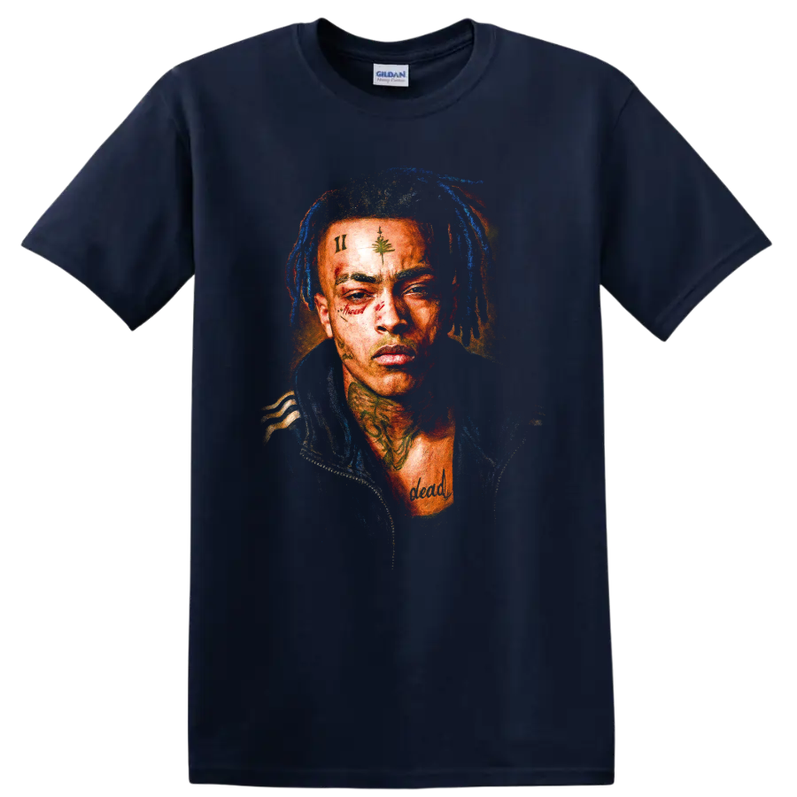 XXXTentacion fan portrait in a vivid, textured hip-hop graphic style on a Navy (Blue) T Shirt