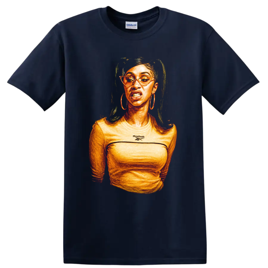 Cardi B stylized hip hop portrait with glasses and hoop earrings on a Navy (Blue) T Shirt