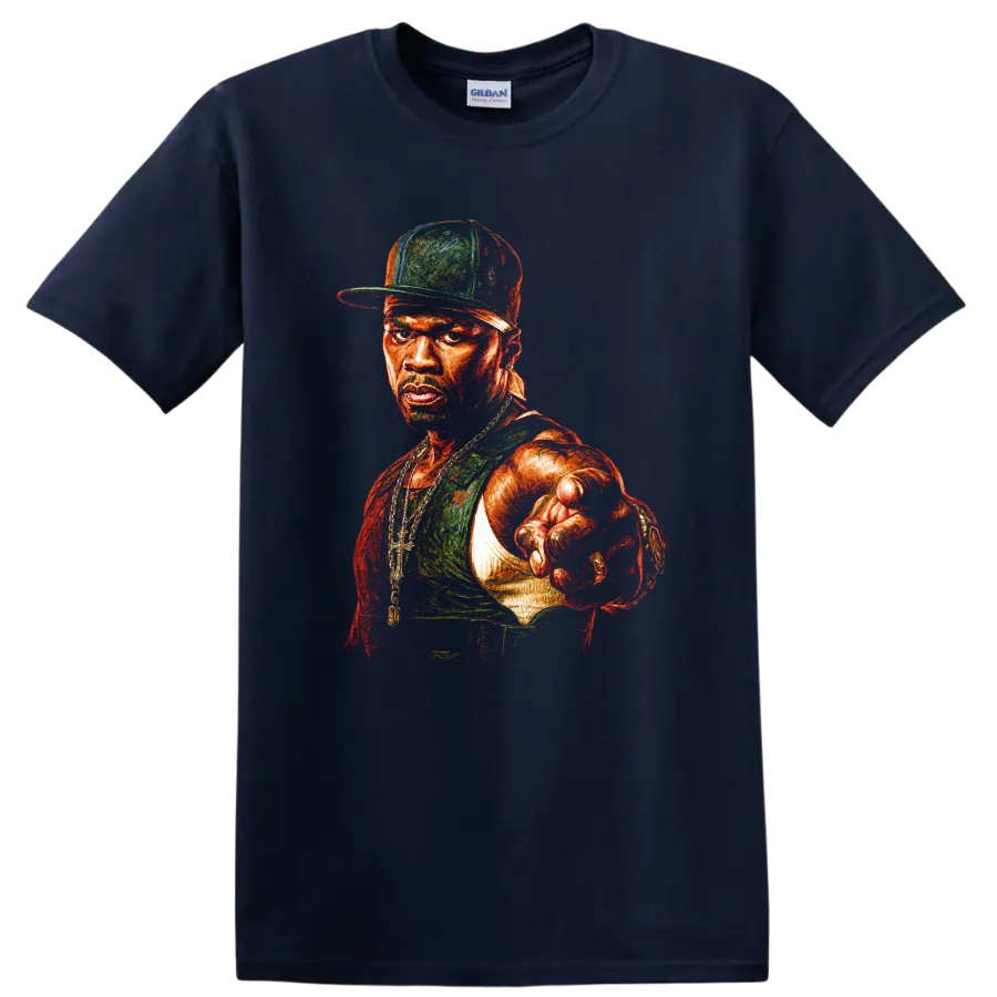 50 Cent portrait graphic with cap, jewelry, and forward-pointing pose on a Navy (Blue) T Shirt