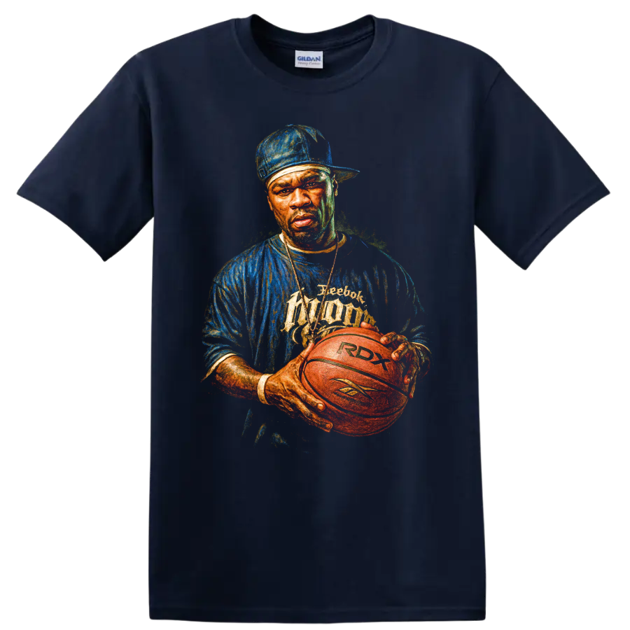 50 Cent hip-hop portrait holding a Reebok RDX basketball graphic on a Navy (Blue) T Shirt