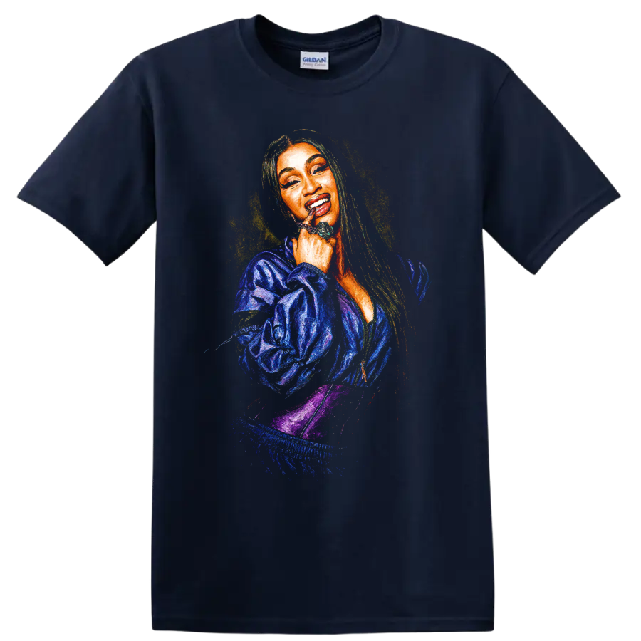 Cardi B pop art digital portrait with vibrant colors on a Navy (Blue) T Shirt