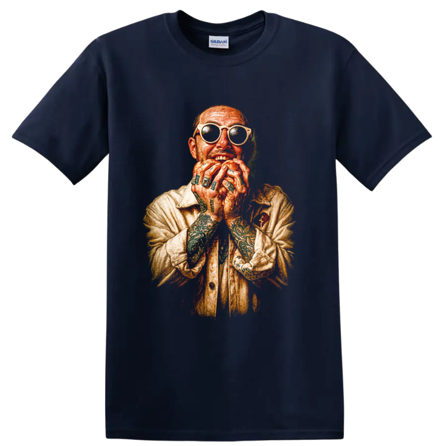 Mac Miller colored-pencil portrait with sunglasses and tattooed hands on a Navy (Blue) T Shirt