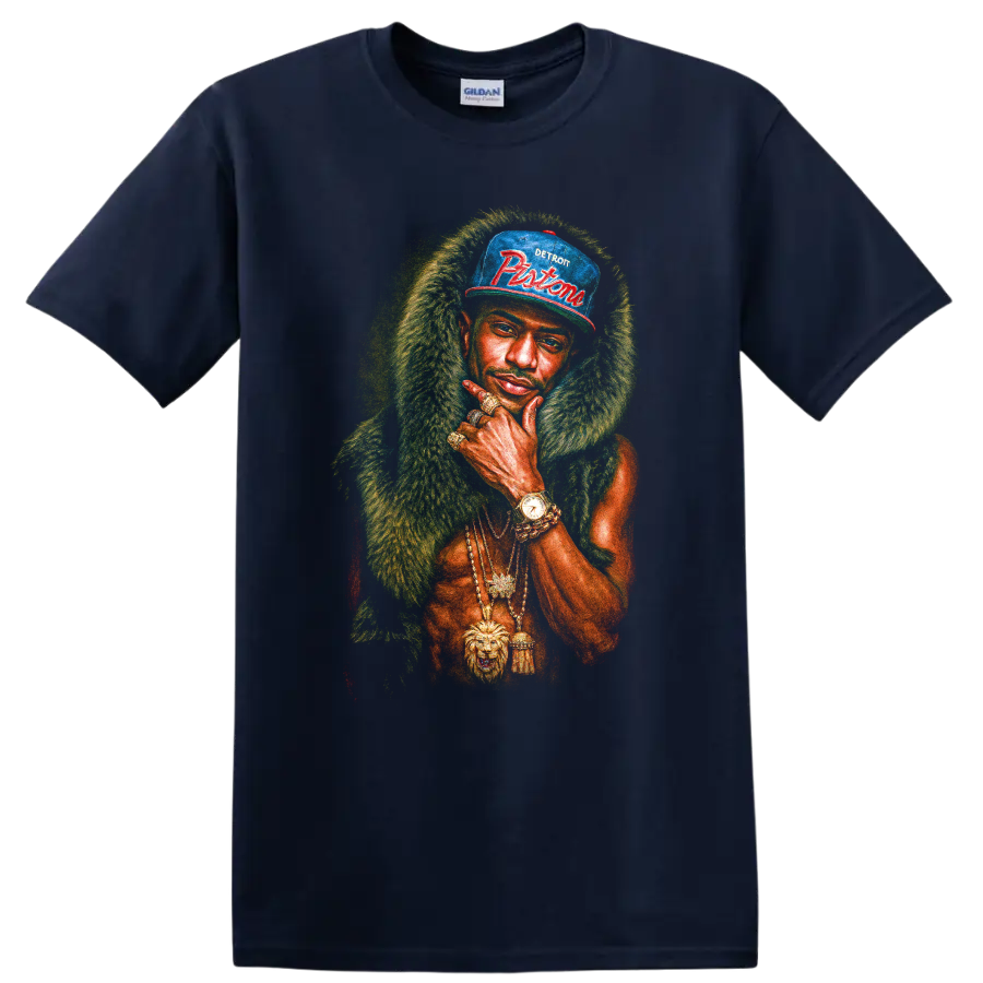 R. Kelly portrait graphic with Detroit Pistons cap and gold jewelry on a Navy (Blue) T Shirt