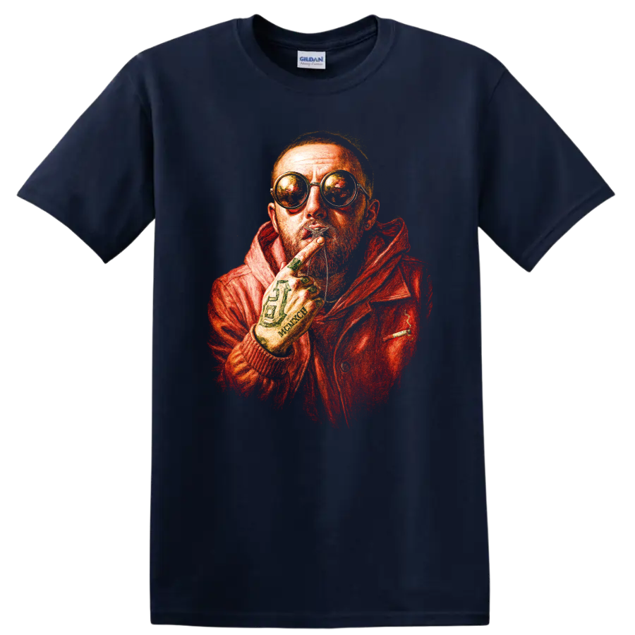 Mac Miller red-orange hip-hop portrait with round glasses on a Navy (Blue) T Shirt