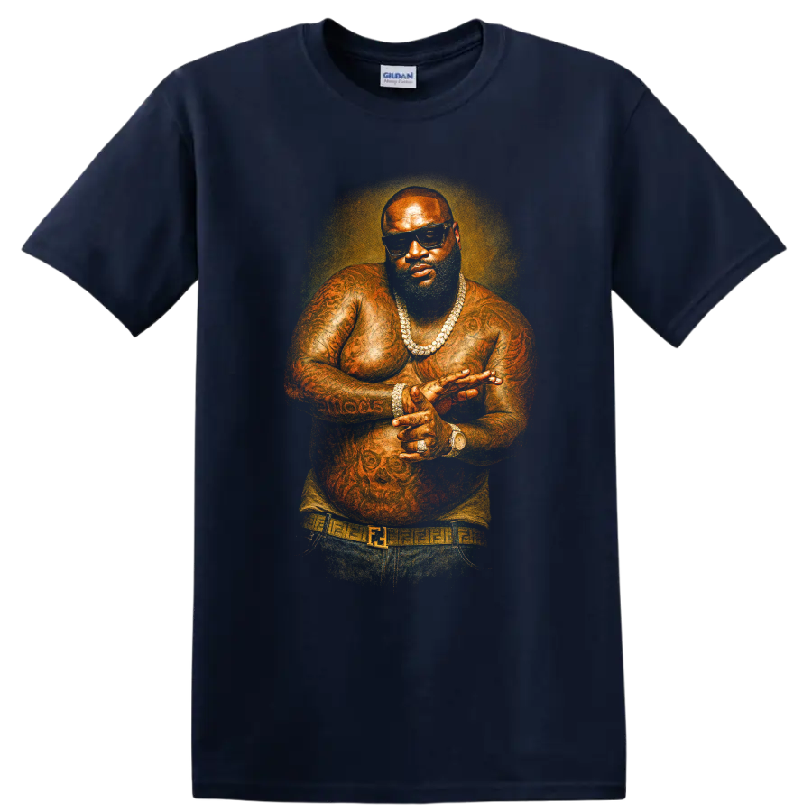 Rick Ross illustrated hip-hop portrait with sunglasses and jewelry on a Navy (Blue) T Shirt