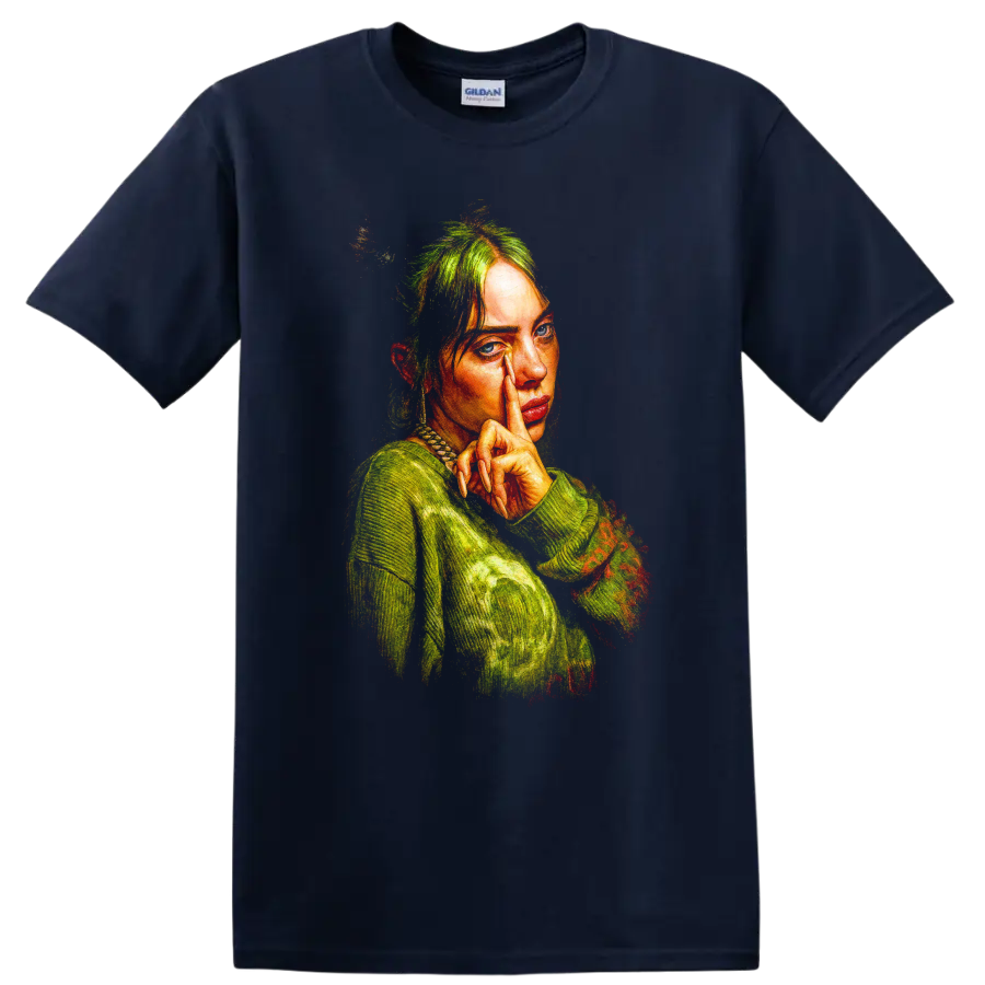 Billie Eilish pointillist portrait fan art in vivid green and orange tones on a Navy (Blue) T Shirt