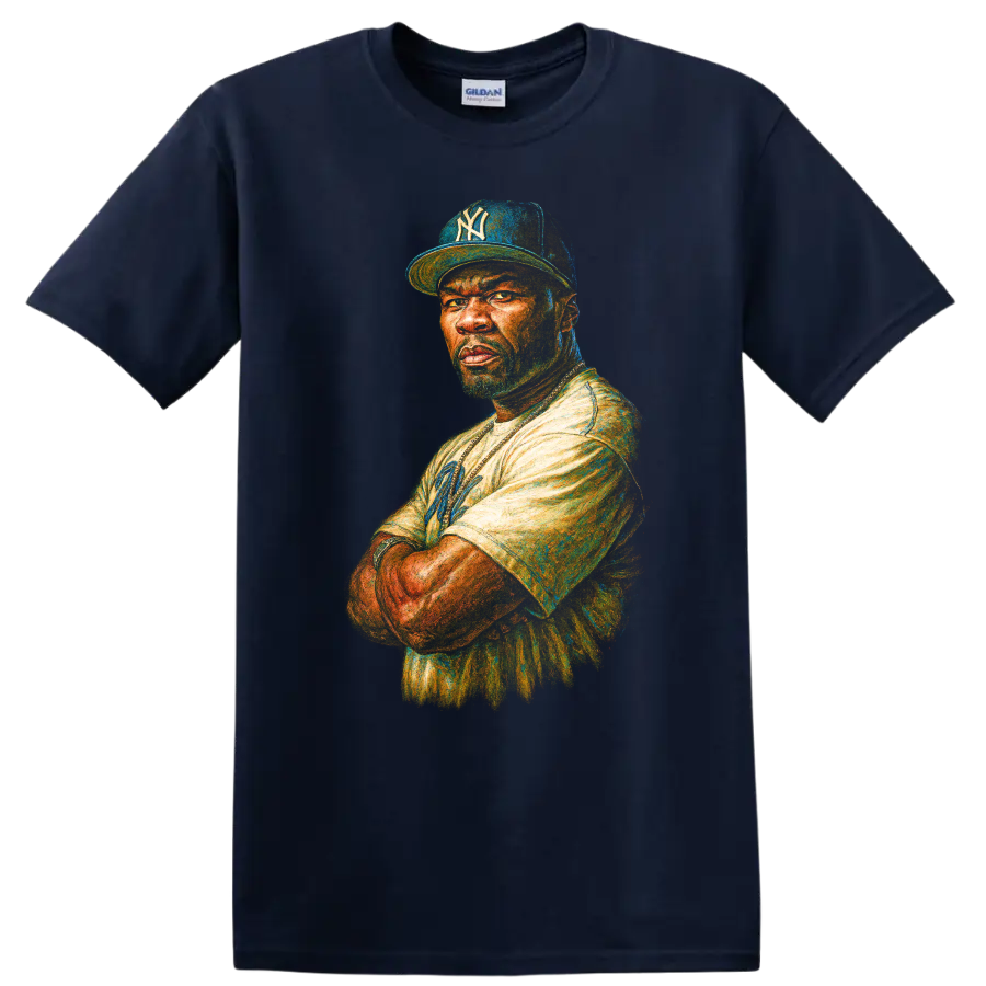 Colorful painterly portrait of 50 Cent wearing a Yankees cap on a Navy (Blue) T Shirt