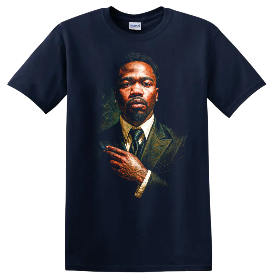 Pusha T stylized portrait artwork in a suit with vivid painterly texture on a Navy (Blue) T Shirt