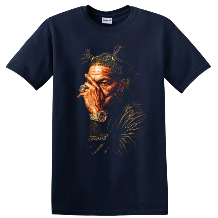Boko Yout hip-hop portrait with vivid textured colors and jewelry on a Navy (Blue) T Shirt