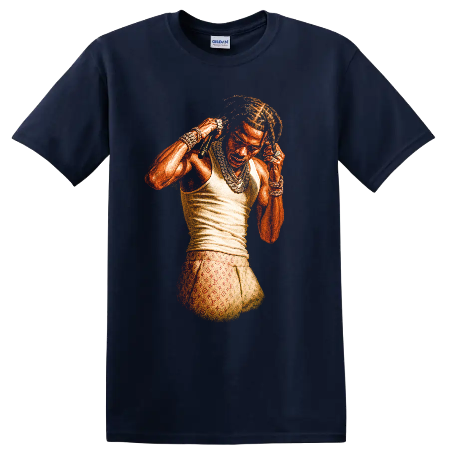 Playboi Carti portrait in vivid orange hip-hop graphic style on a Navy (Blue) T Shirt