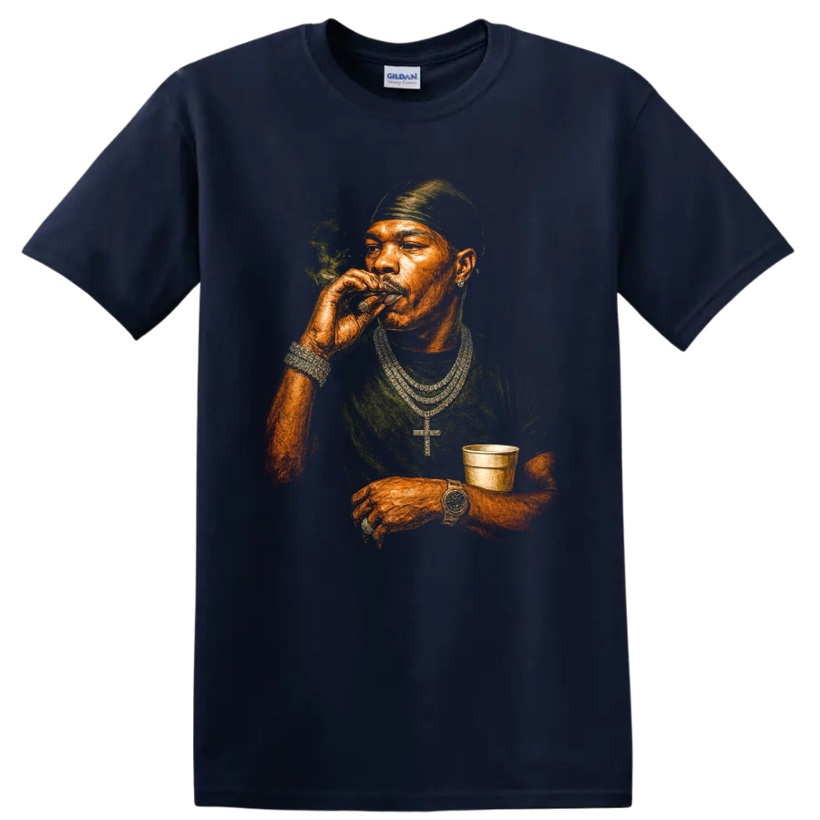 Bandana P hip-hop portrait graphic with bandana, chains, smoke, and cup on a Navy (Blue) T Shirt