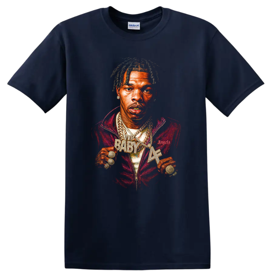 Lil Baby portrait graphic with vivid red and gold hip-hop streetwear styling on a Navy (Blue) T Shirt