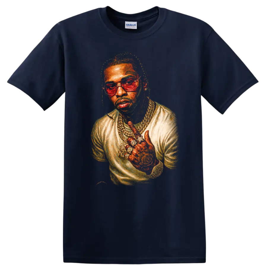 Pop Smoke Brooklyn drill illustrated portrait with glasses and layered jewelry on a Navy (Blue) T Shirt