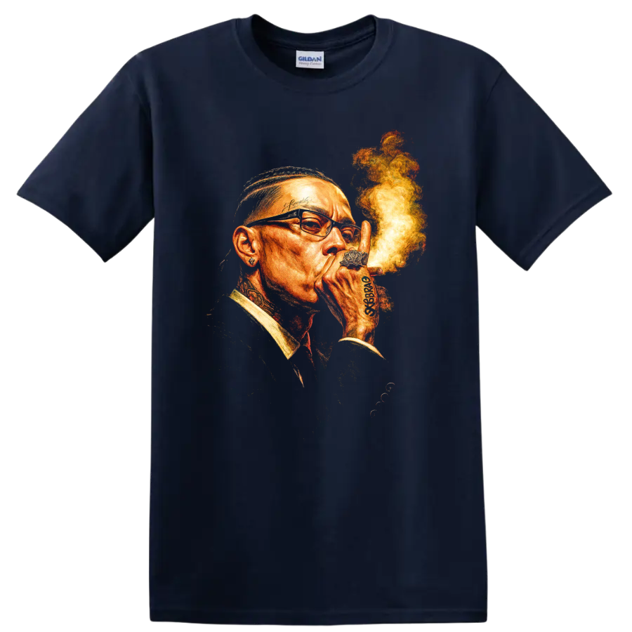 Rick Ross tattooed portrait graphic with glasses, jewelry, and smoke on a Navy (Blue) T Shirt