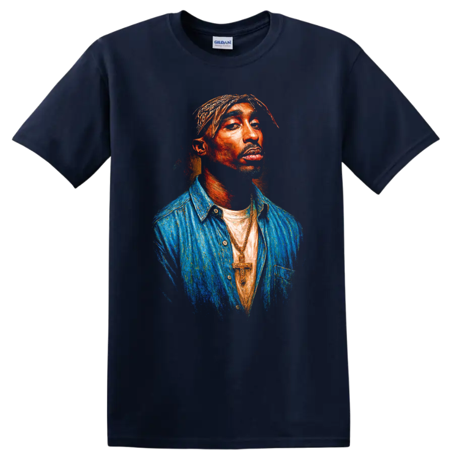 Tupac Shakur digital portrait in vivid hip-hop pop-art style on a Navy (Blue) T Shirt
