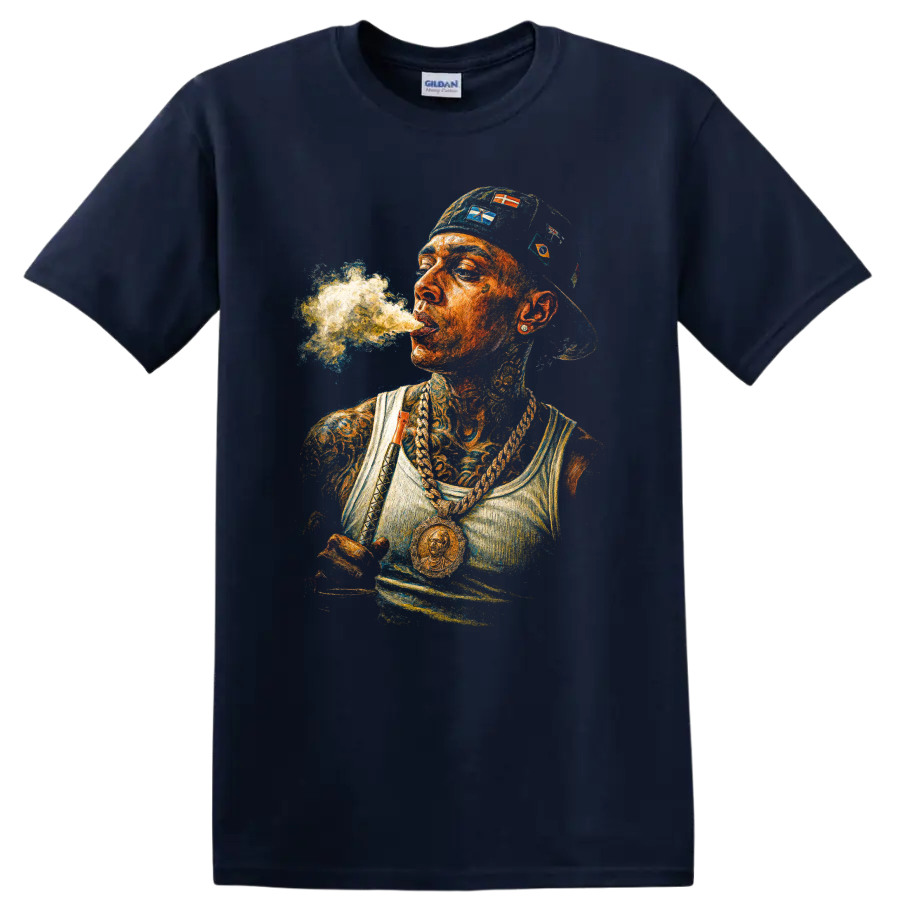 Central Cee UK drill portrait with tattoos, chains, cap, and smoke on a Navy (Blue) T Shirt