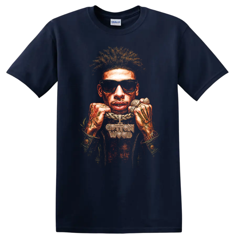 Kodak Black hip-hop portrait graphic with sunglasses and jewelry on a Navy (Blue) T Shirt
