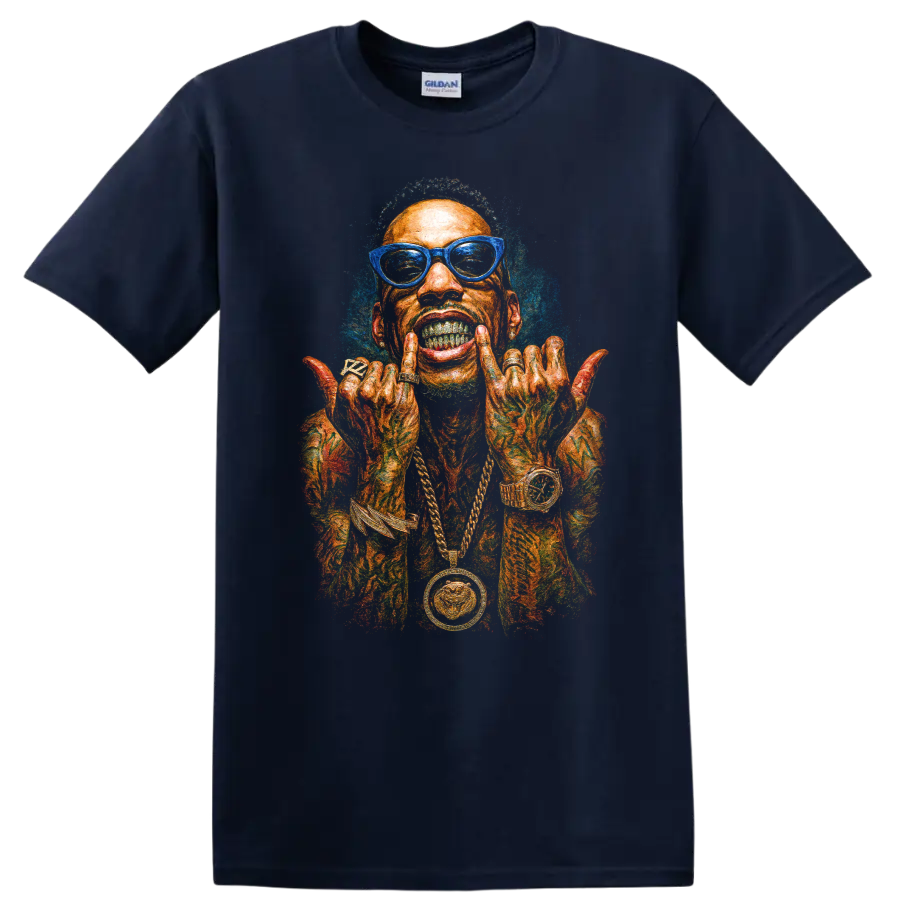 Tyga colorful hip-hop portrait with blue glasses and bold street-art style on a Navy (Blue) T Shirt