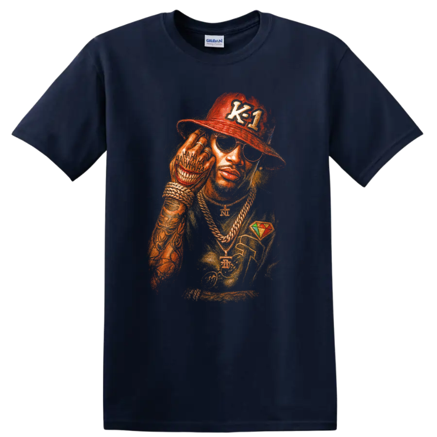 Future hip-hop stylized portrait with red cap, sunglasses, and gold chains on a Navy (Blue) T Shirt