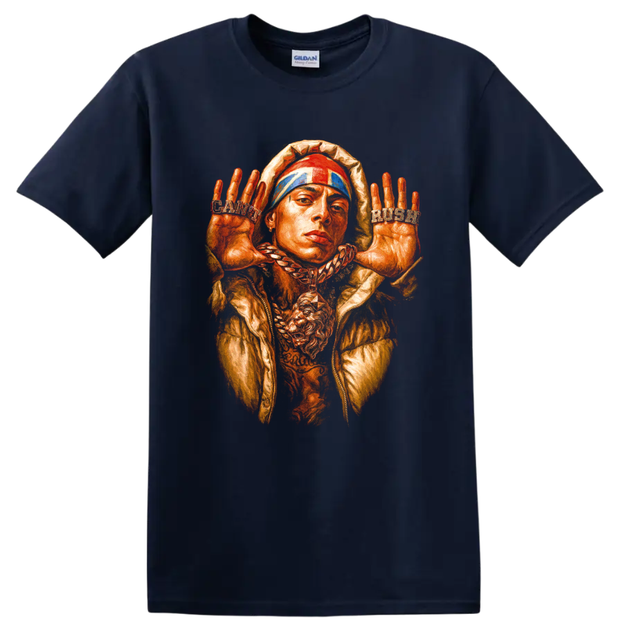 Central Cee UK drill portrait graphic with raised hands and bold streetwear style on a Navy (Blue) T Shirt
