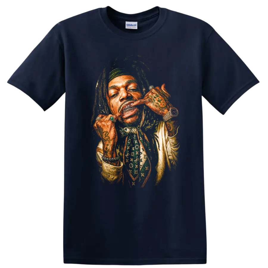 Lil Wayne stylized hip-hop portrait graphic print on a Navy (Blue) T Shirt