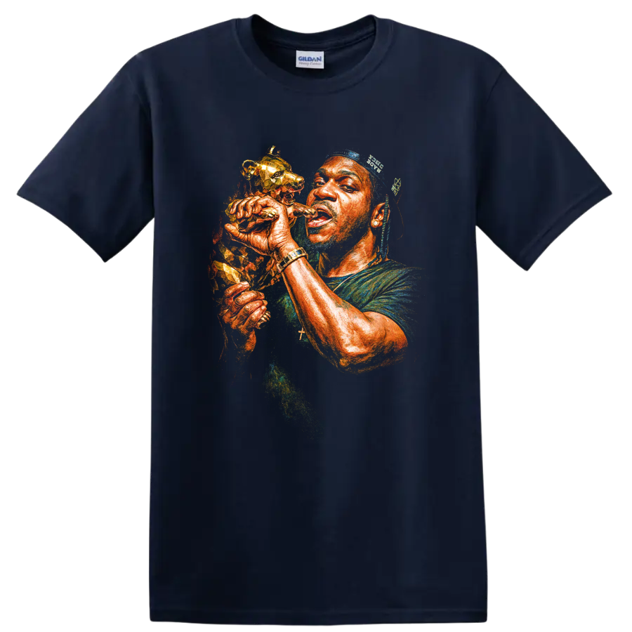 Lil Wayne stylized hip-hop portrait holding a microphone on a Navy (Blue) T Shirt