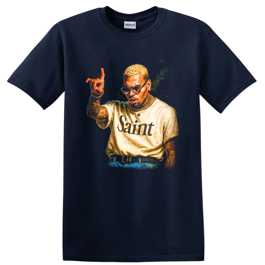 Chris Brown Saint portrait graphic with raised hand and colorful urban-art style on a Navy (Blue) T Shirt