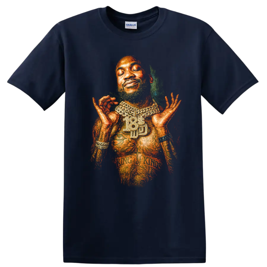Meek Mill artistic hip-hop portrait with layered chain jewelry on a Navy (Blue) T Shirt